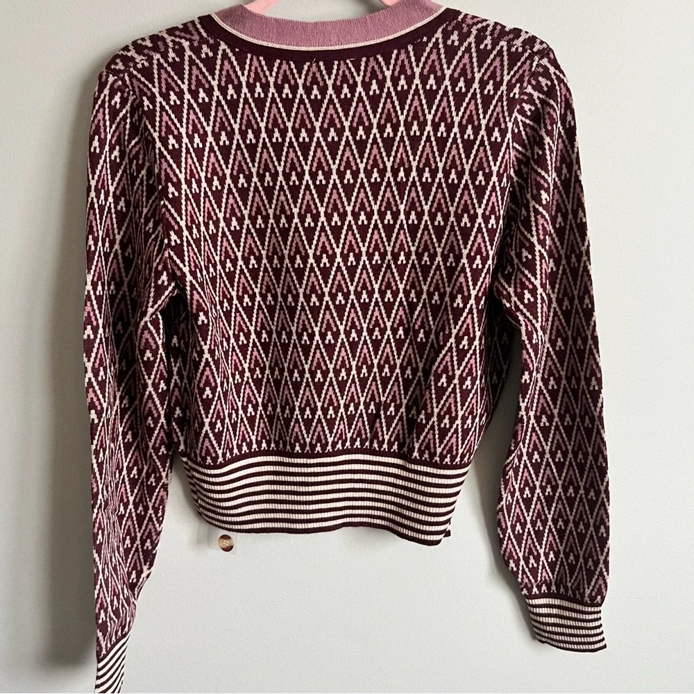 Hem & Thread NWT Maroon and Light Pink Geometric Cardigan, Women’s Size Medium - Picture 2 of 5